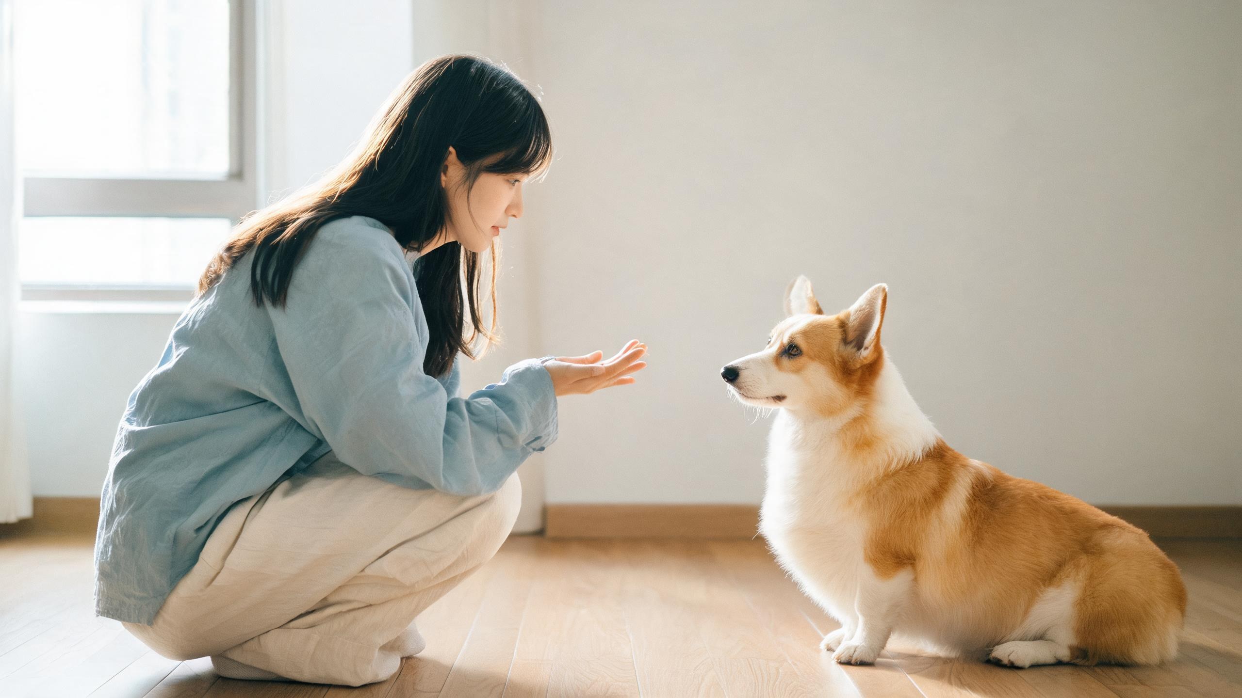 毛孩在家中停下來看主人的日常瞬間，呼應「狗狗坐下與等待訓練」主題