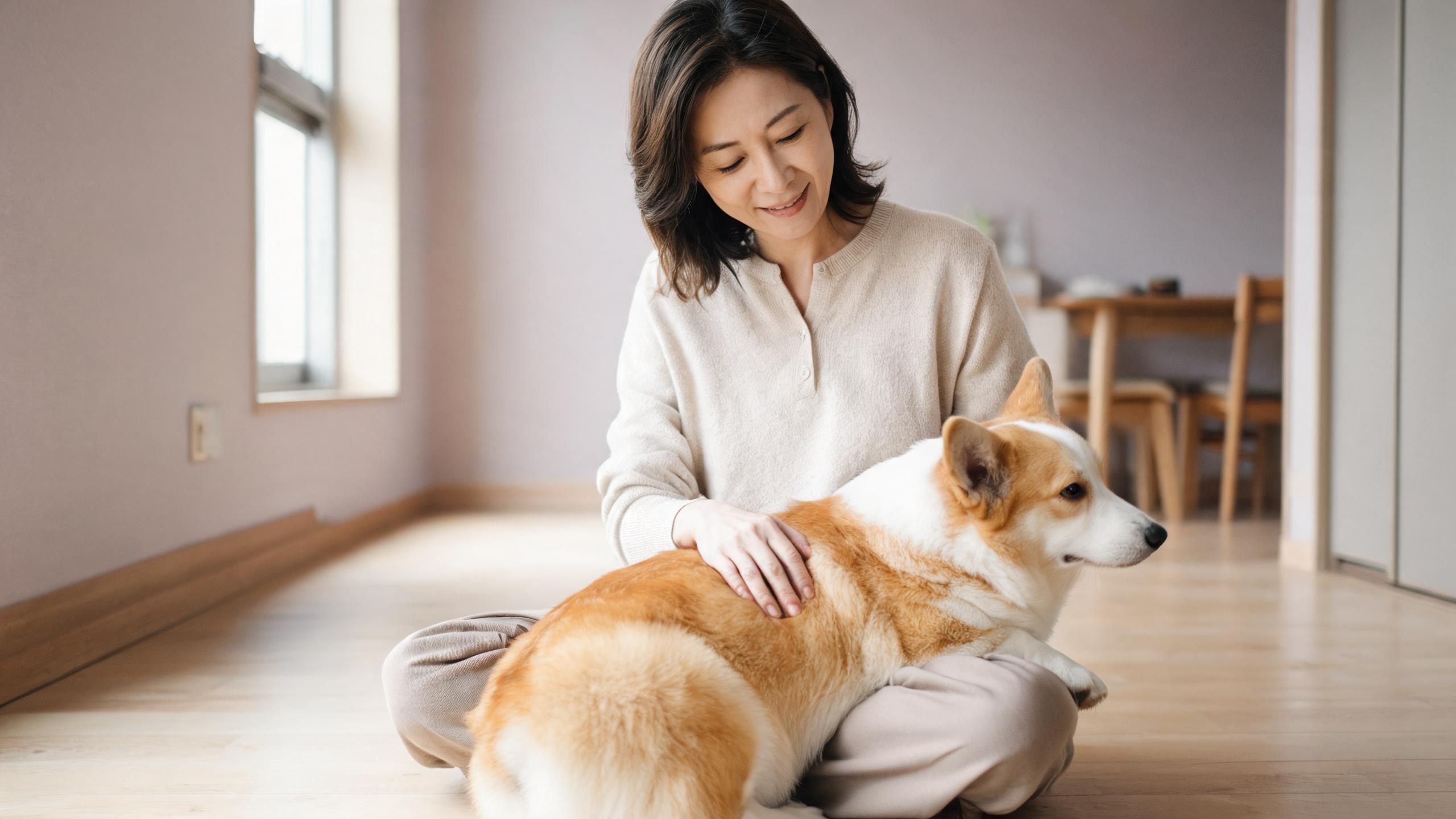 主人用溫和姿勢引導毛孩的居家情境，呼應「狗狗訓練原則」主題