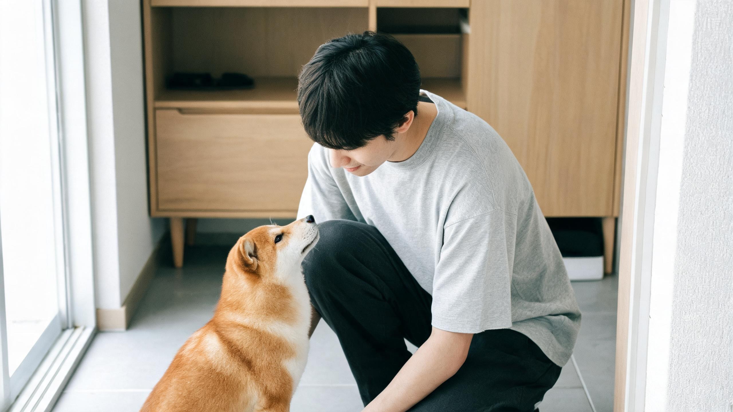 清晨家中毛孩靠近主人腳邊的生活畫面，呼應「寫給新手飼主的一封信」主題
