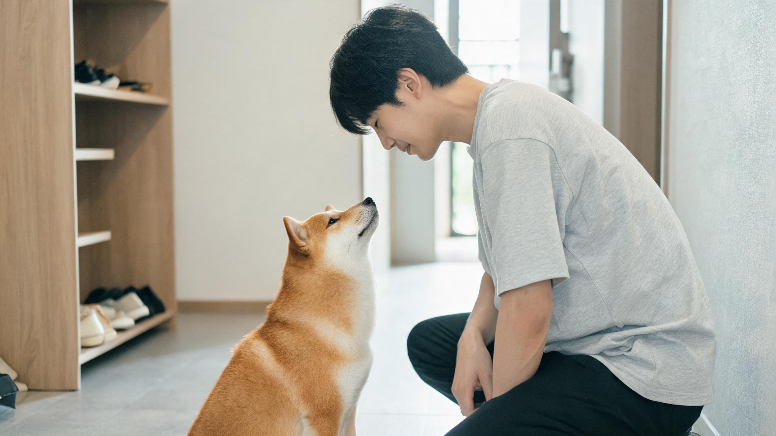 毛孩在家中停下來看主人的日常瞬間，呼應「寫給新手飼主的一封信」主題