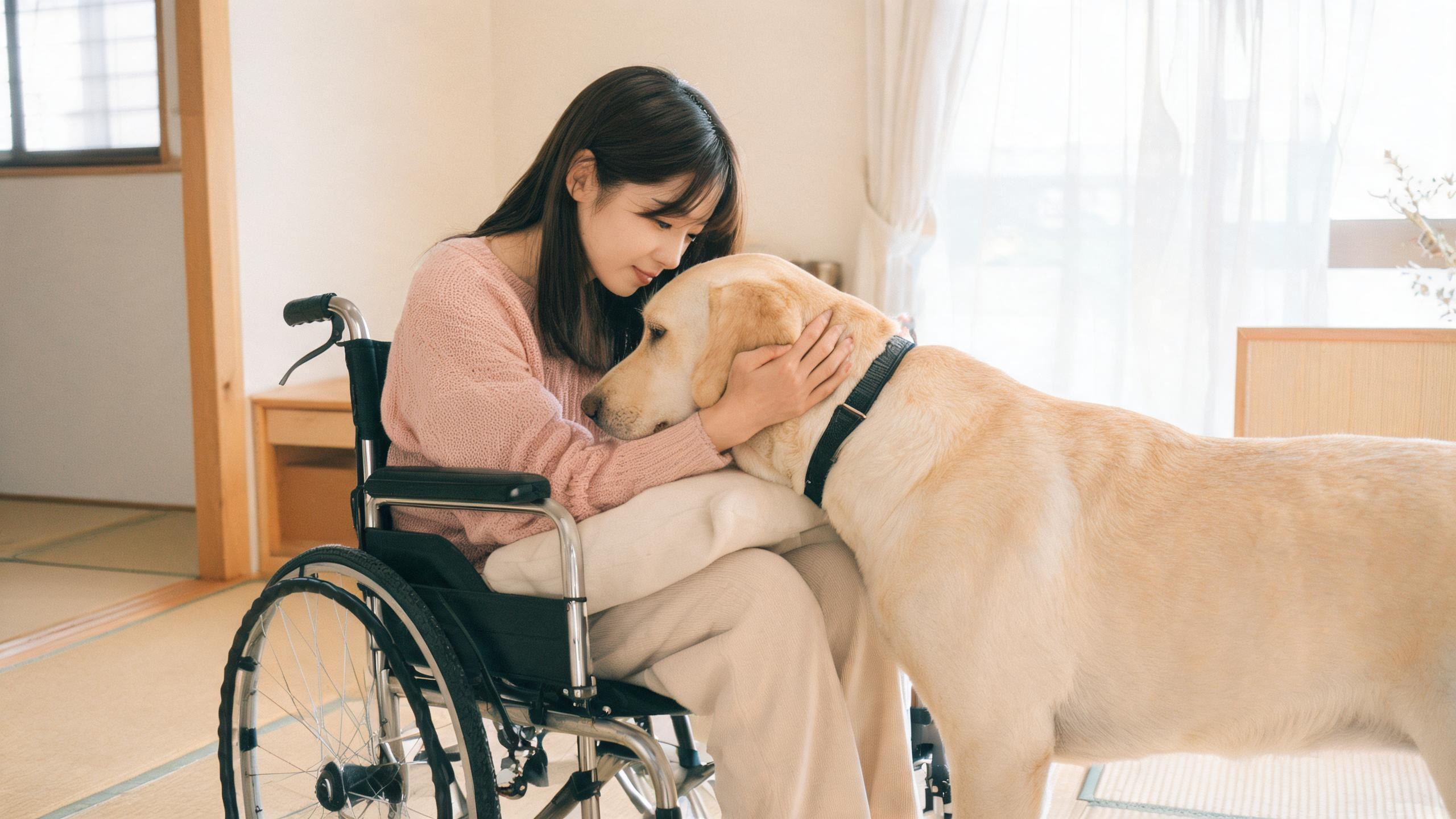 主人用溫和姿勢引導毛孩的居家情境，呼應「服務犬與特殊用途犬」主題