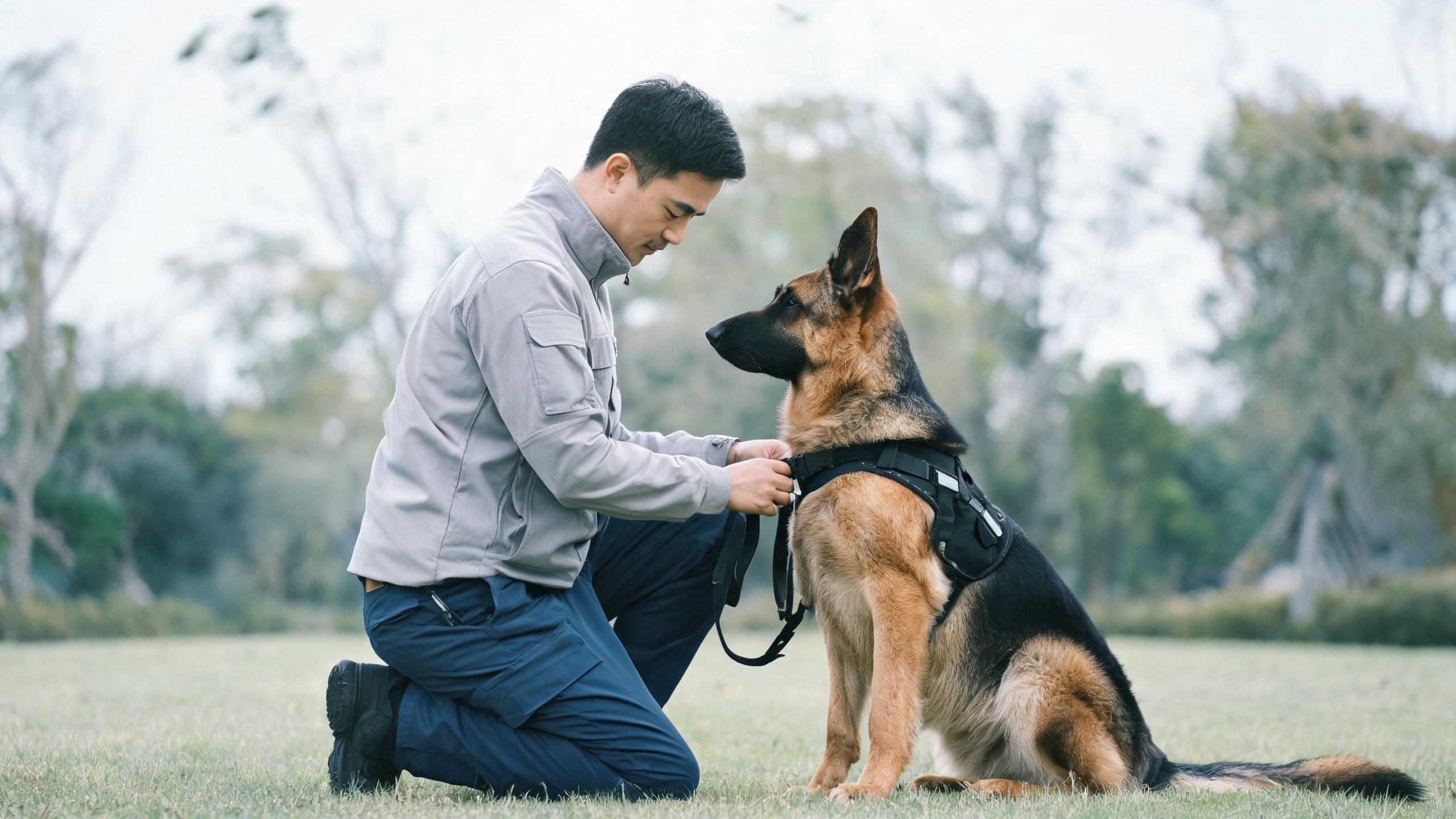 主人用溫和姿勢引導毛孩的居家情境，呼應「工作犬訓練」主題